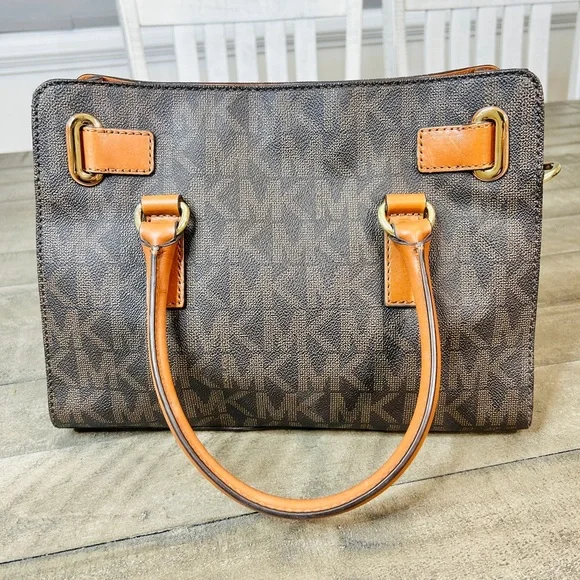 Michael Kors Hamilton East West Satchel Tote Purse Brown Signature Gold Chain - Picture 4 of 6